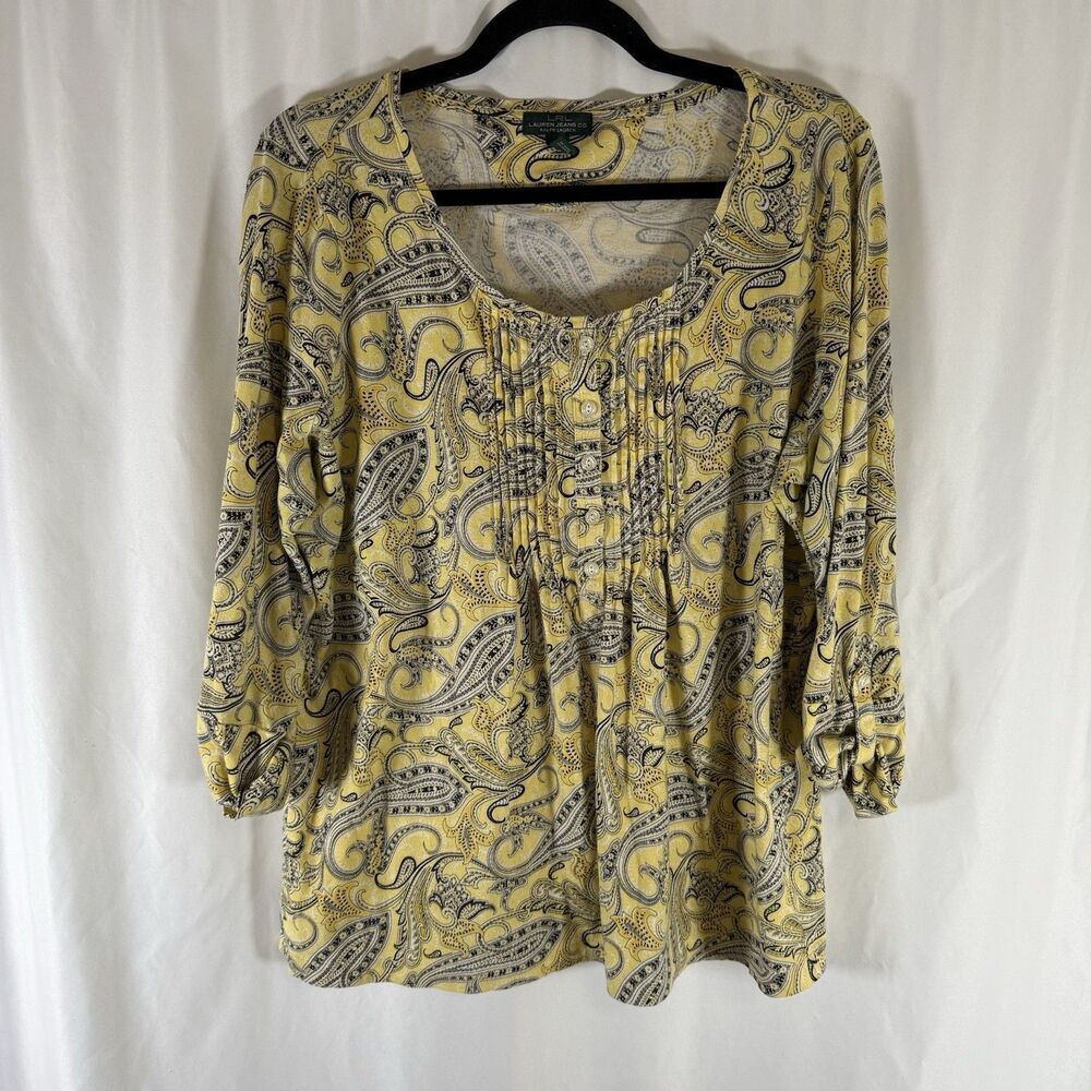 LRL Lauren Jeans Blouse Women's 1X Yellow Paisley Print Floral 3/4 Sleeve